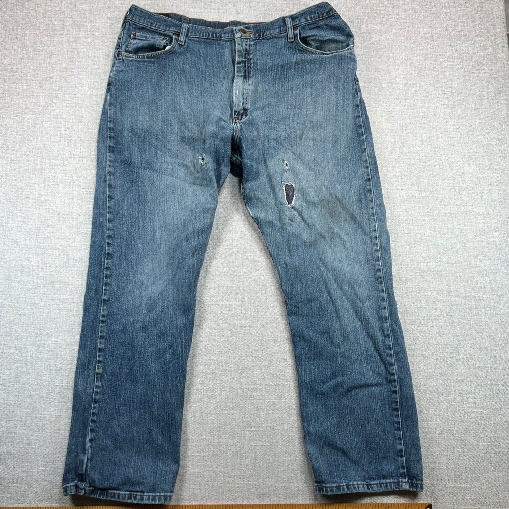 Wrangler Mens 42x30 Relaxed Fit Jeans Blue Denim Distressed Repaired Western